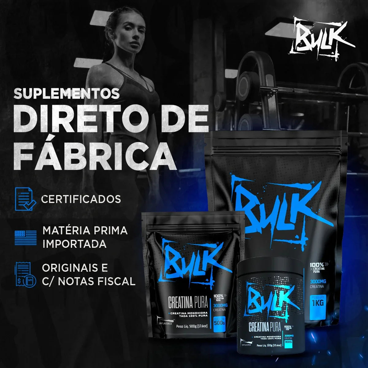 Kit Creatina Pura 100% Monohidratada 500g + Pré treino 300g + Shaker - Bulk Nutrition