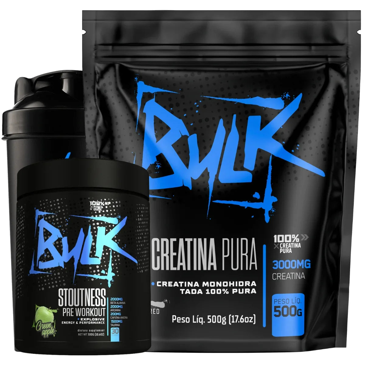Kit Creatina Pura 100% Monohidratada 500g + Pré treino 300g + Shaker - Bulk Nutrition