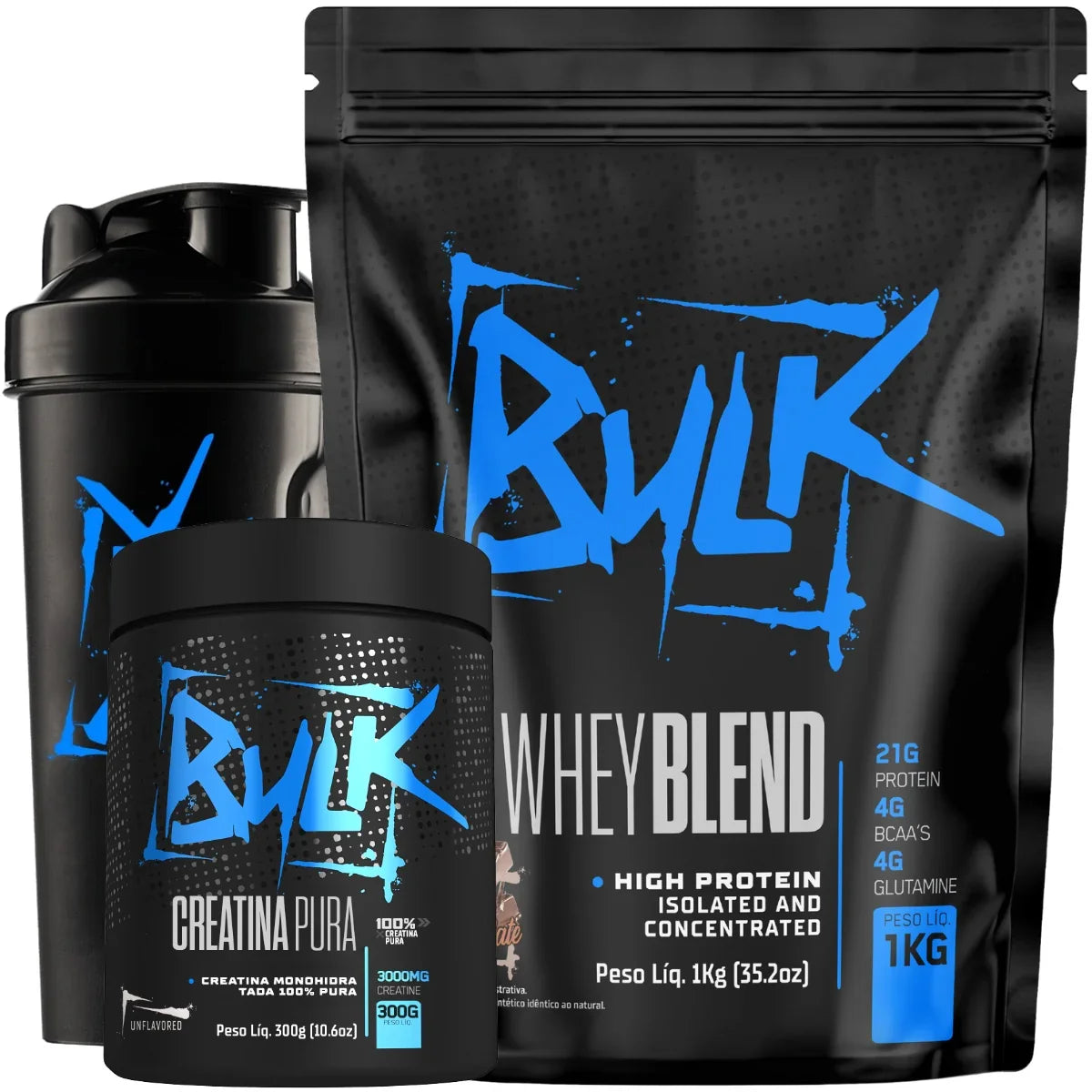 Kit Whey Protein 1kg + Creatina 100% Pura 300g + Shaker - Bulk Nutrition