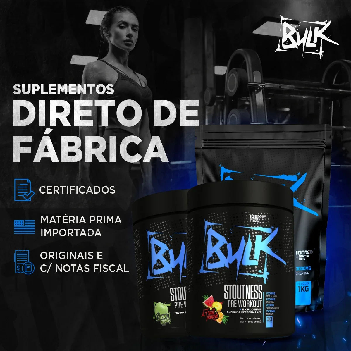 Kit Creatina Pura 100% Monohidratada 500g + Pré treino 300g + Shaker - Bulk Nutrition