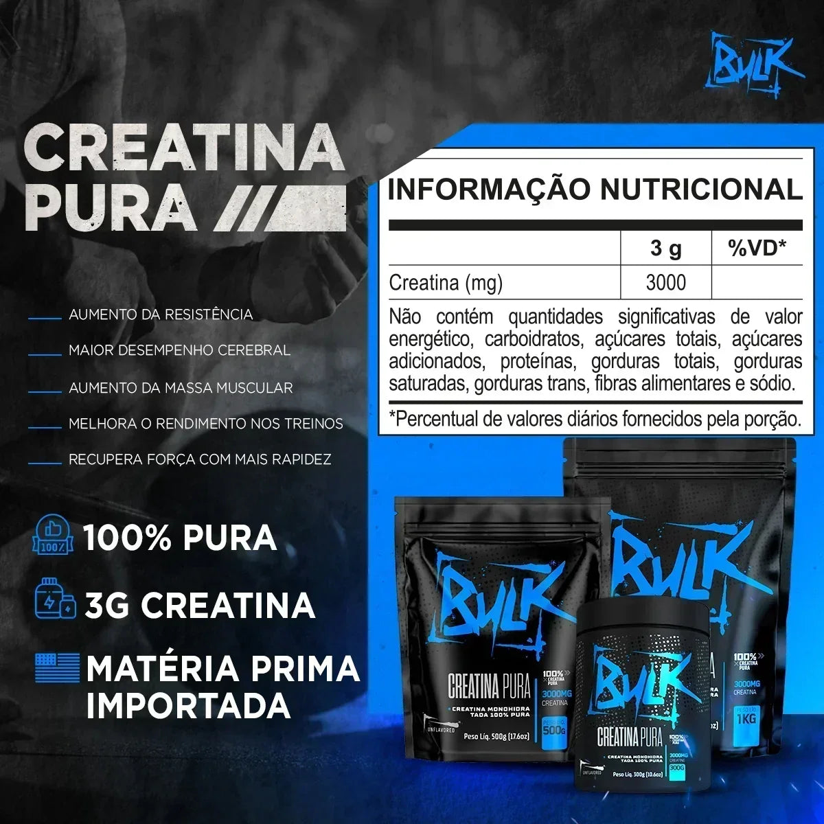 Kit Whey Protein Blend Isolado Concentrado 1kg + Creatina 100% Pura 300g + Pré Treino 300g + Shaker - Bulk Nutrition