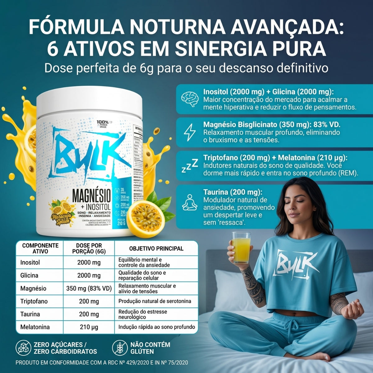 Magnésio Inositol (Melatonina Glicina Taurina Triptofano)  210g - Bulk Nutrition Sabor Maracujá