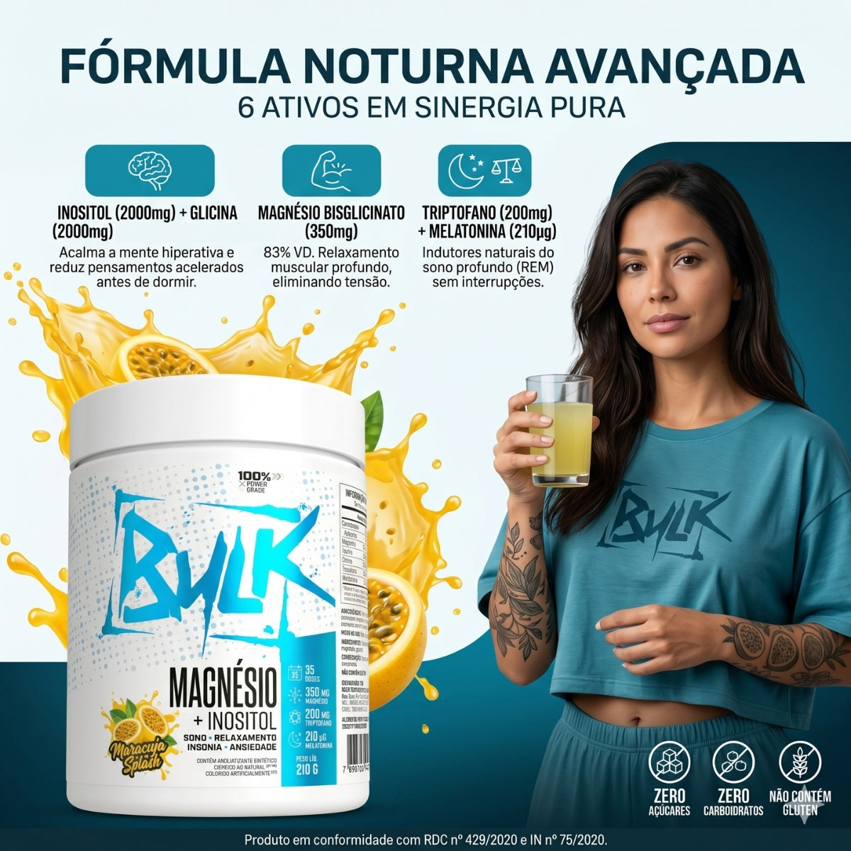 Magnésio Inositol (Melatonina Glicina Taurina Triptofano)  210g - Bulk Nutrition Sabor Maracujá