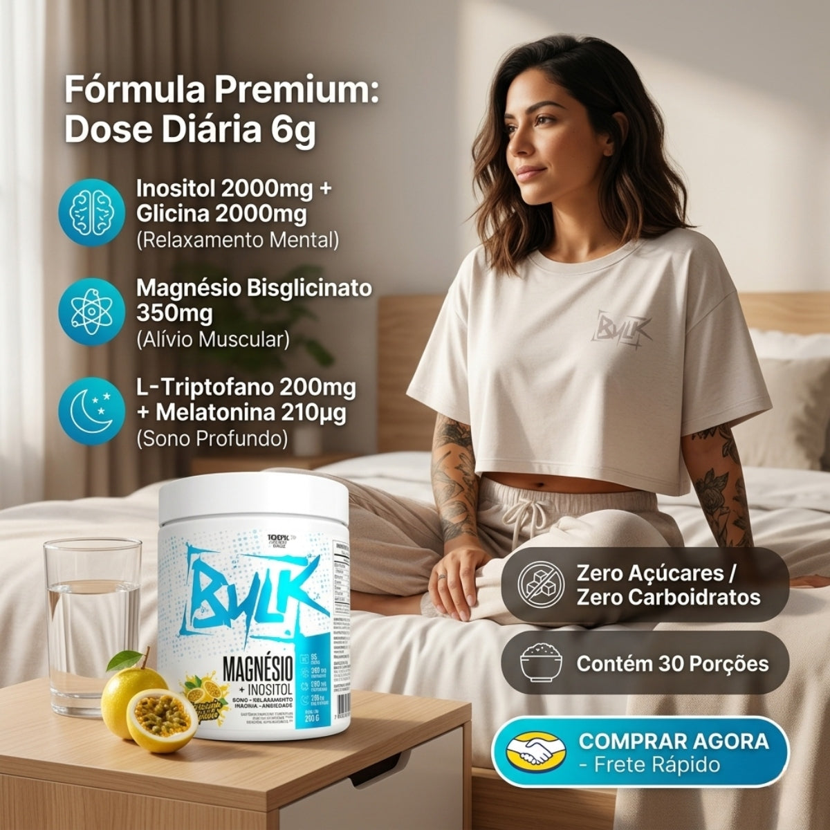 Magnésio Inositol (Melatonina Glicina Taurina Triptofano)  210g - Bulk Nutrition Sabor Maracujá