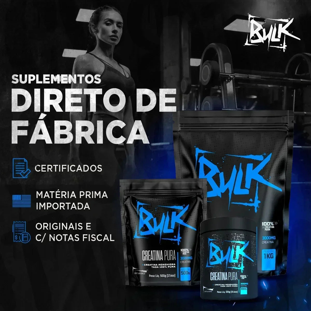 Kit Whey Protein 1kg + Creatina 100% Pura 300g + Shaker - Bulk Nutrition