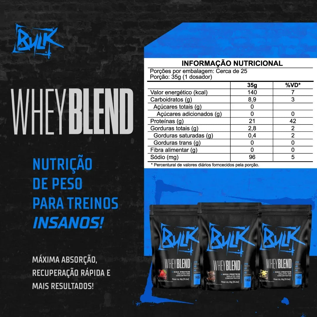 Kit Whey Protein Blend Isolado Concentrado 1kg + Creatina 100% Pura 300g + Pré Treino 300g + Shaker - Bulk Nutrition